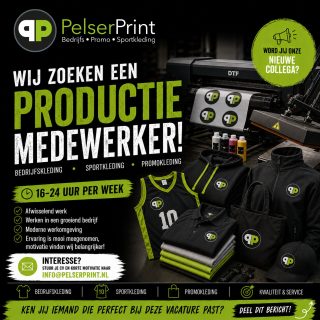 🚨 VACATURE | Productiemedewerker Textiel (16-24 uur) 👕

Word jij enthousiast van het maken van de mooiste bedrukte kleding voor bedrijven, sportverenigingen en evenementen?
Van bedrijfskleding en sportkleding tot promotionele artikelen: bij PelserPrint produceren we alles in eigen huis. Door de groei van ons bedrijf zijn we op zoek naar een enthousiaste Productiemedewerker Textiel.

✔️ 16-24 uur per week
✔️ Afwisselend werk
✔️ Moderne productieomgeving
✔️ Ervaring is mooi meegenomen, maar motivatie vinden wij belangrijker!

Lijkt het je leuk om bij PelserPrint aan de slag te gaan? Stuur je CV en een korte motivatie naar info@pelserprint.nl! 

📣 Ken jij iemand die perfect bij deze vacature past? Deel dit bericht gerust!
